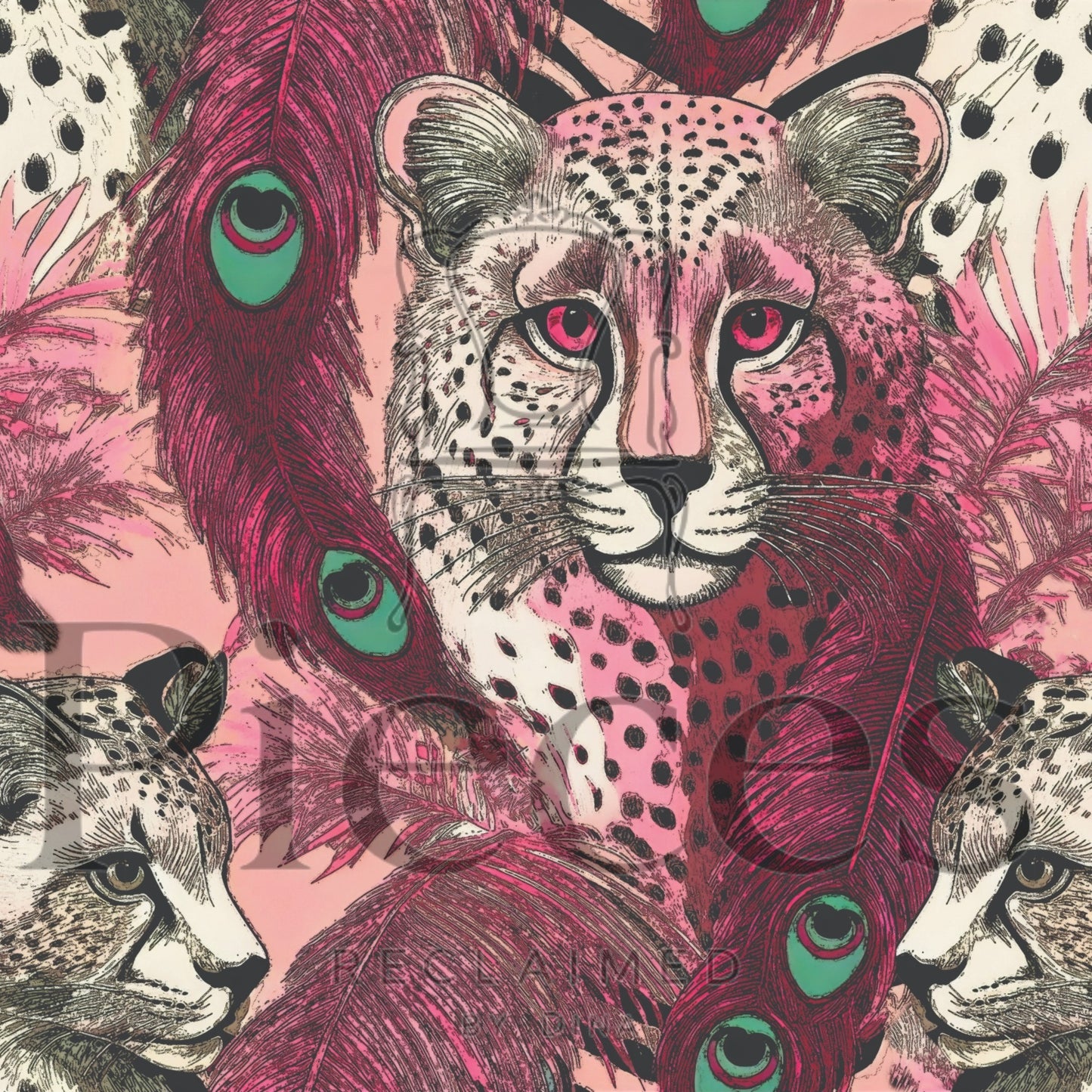 The image is a vibrant and detailed illustration featuring a leopard with striking pink and black spots, surrounded by a variety of colorful feathers and patterns.