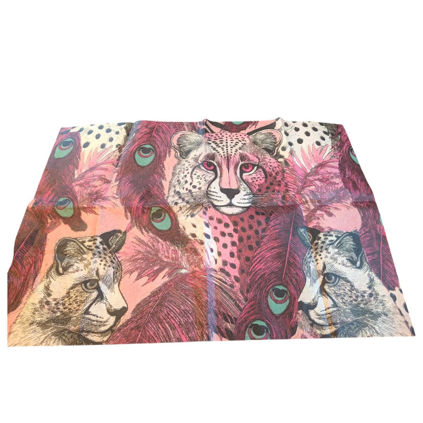 a vibrant and colorful pattern of cheetahs and peacock feathers, creating a striking and eye-catching design.