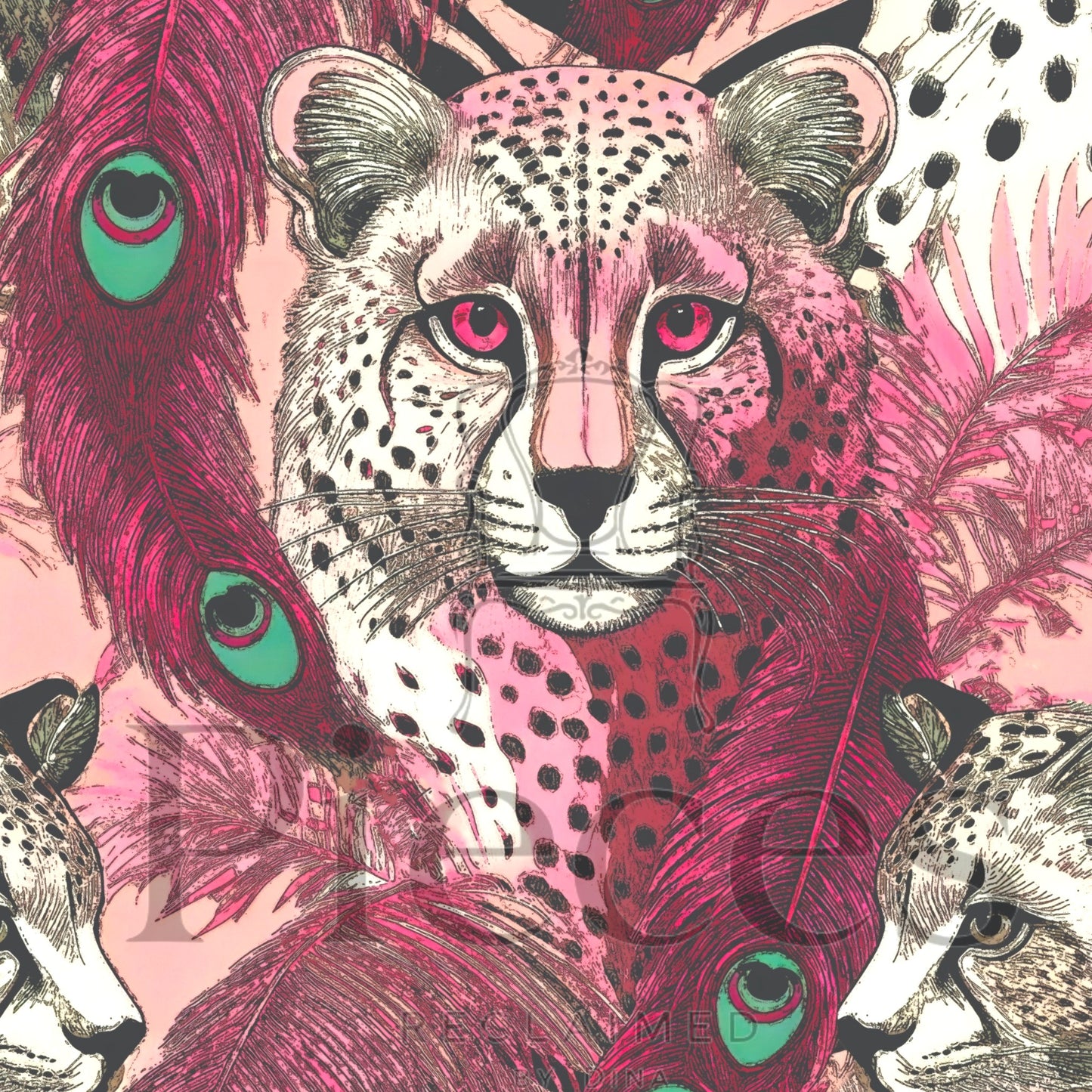 The image is a vibrant and detailed illustration featuring a leopard with striking pink and black spots, surrounded by a variety of colorful feathers and foliage.
