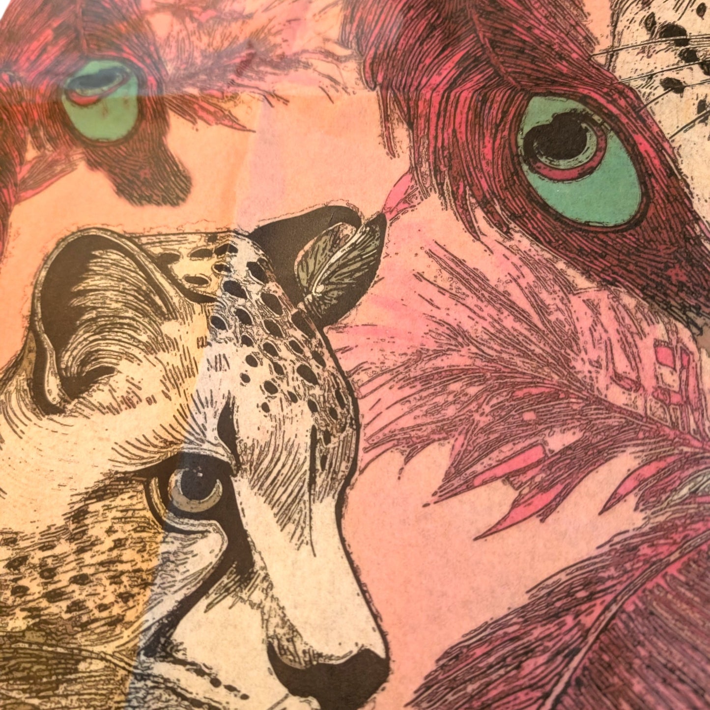 The image is a close-up of a cheetah's face, with its distinctive spotted fur and large, piercing eyes. The background is filled with vibrant colors and patterns, creating a visually striking and detailed composition.