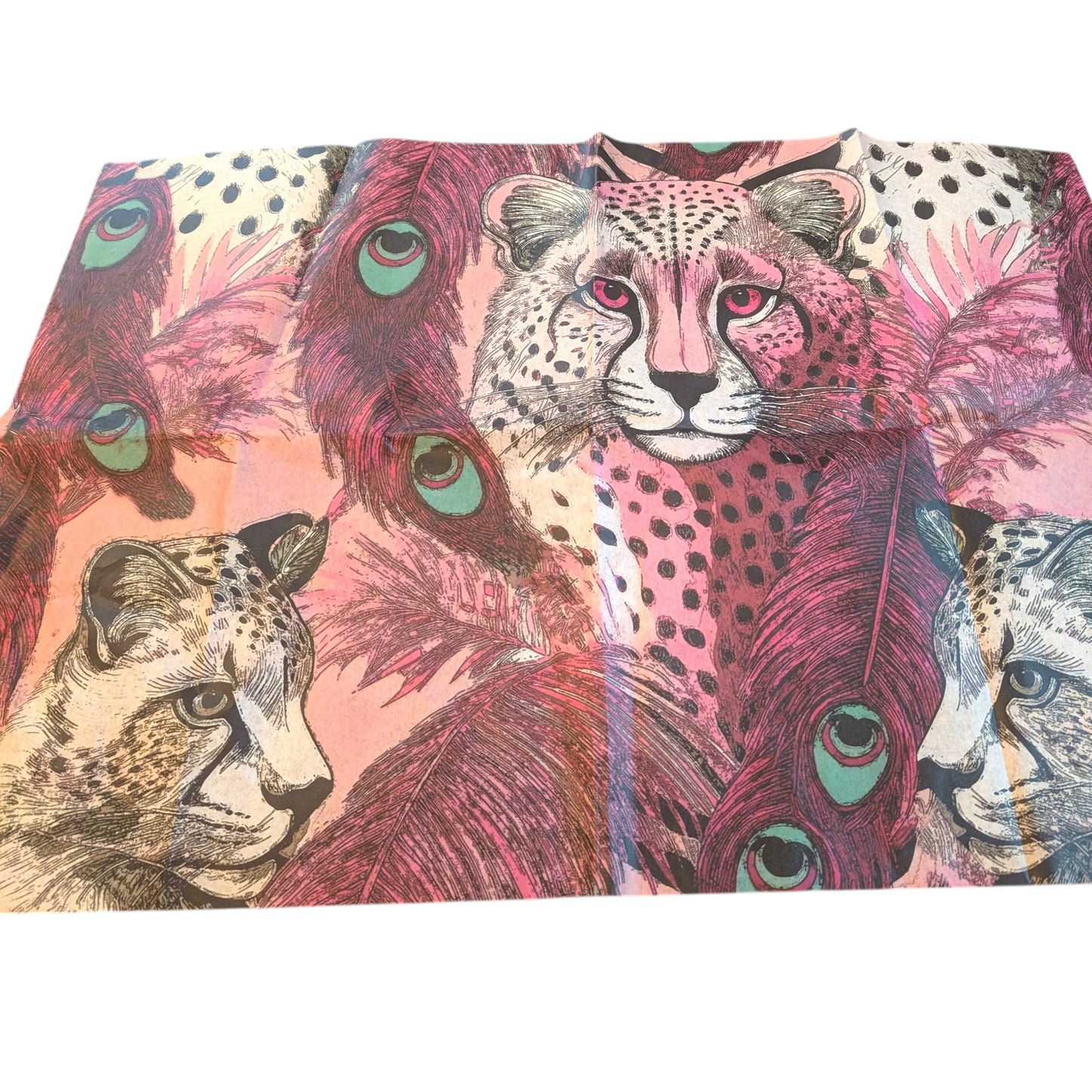 a vibrant and colorful pattern of leopard faces, with their distinctive features such as large eyes and spotted fur prominently displayed. The pattern is a collage of multiple images, creating a visually striking and dynamic composition.