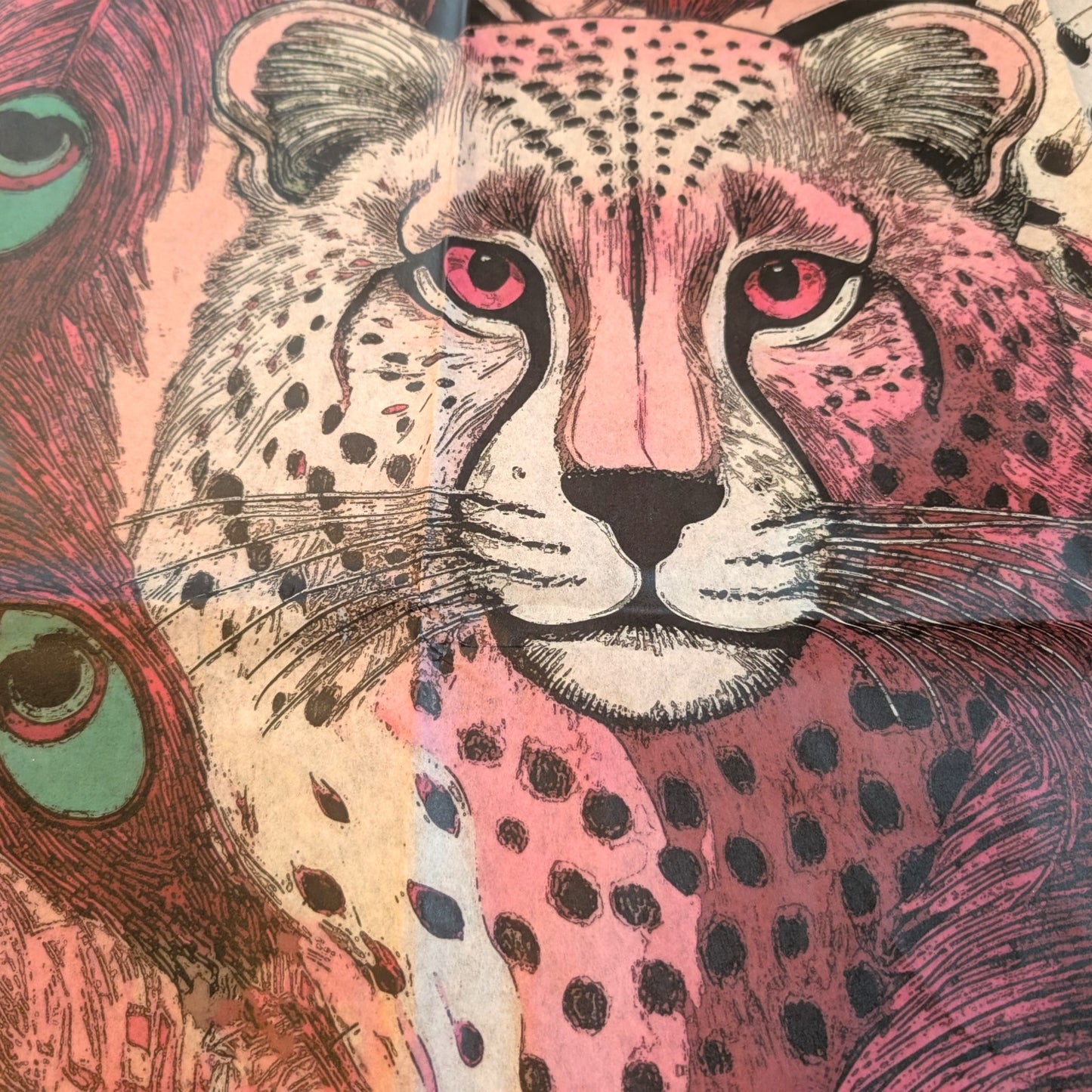 The image is a close-up of a detailed illustration of a cheetah's face, featuring its distinctive spotted pattern and large, expressive eyes.