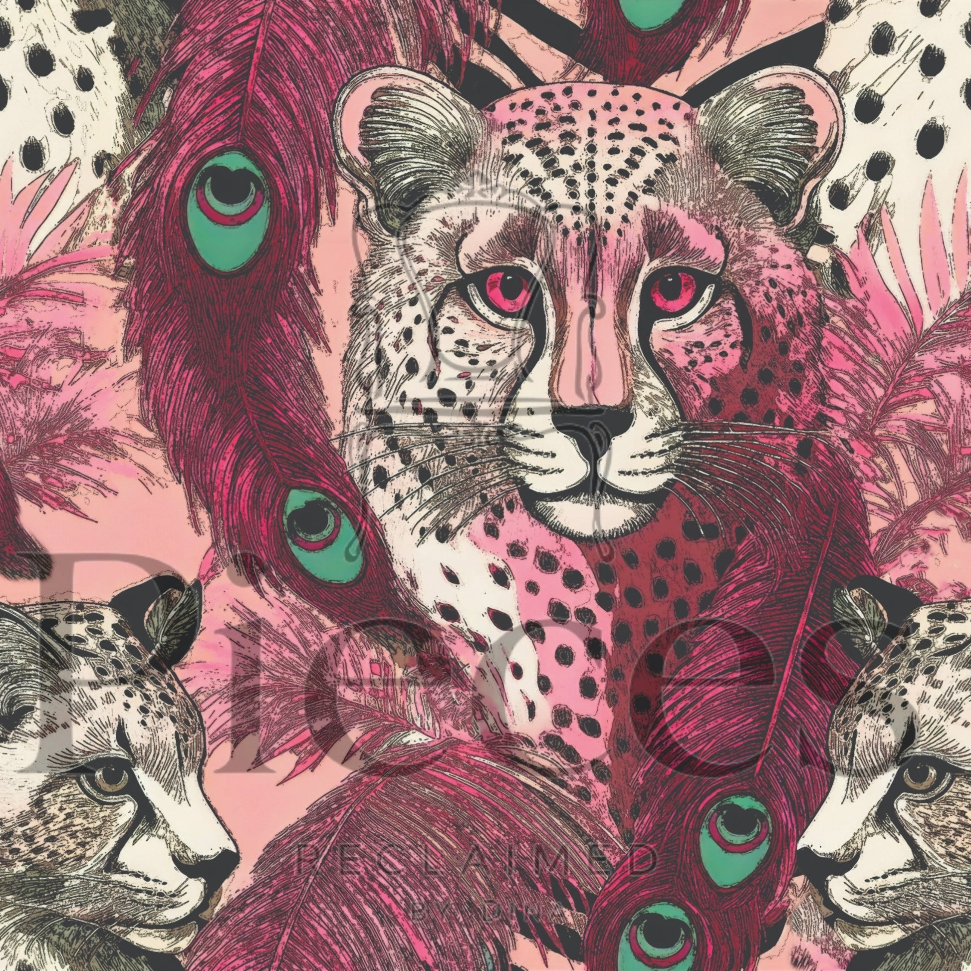 The image is a vibrant and detailed illustration featuring a leopard with striking pink and black spots, surrounded by a variety of colorful feathers and patterns.