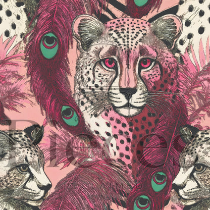 The image is a vibrant and detailed illustration featuring a leopard with striking pink and black spots, surrounded by a variety of colorful feathers and patterns.