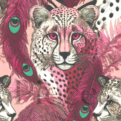 The image is a vibrant and detailed illustration featuring a leopard with striking pink and black spots, surrounded by a variety of colorful feathers and foliage.