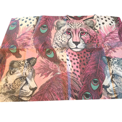 a vibrant and colorful pattern of leopard faces, with their distinctive features such as large eyes and spotted fur prominently displayed. The pattern is a collage of multiple images, creating a visually striking and dynamic composition.