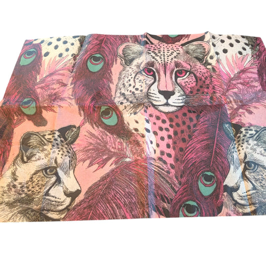 a vibrant and colorful pattern of leopard faces, with their distinctive features such as large eyes and spotted fur prominently displayed. The pattern is a collage of multiple images, creating a visually striking and dynamic composition.