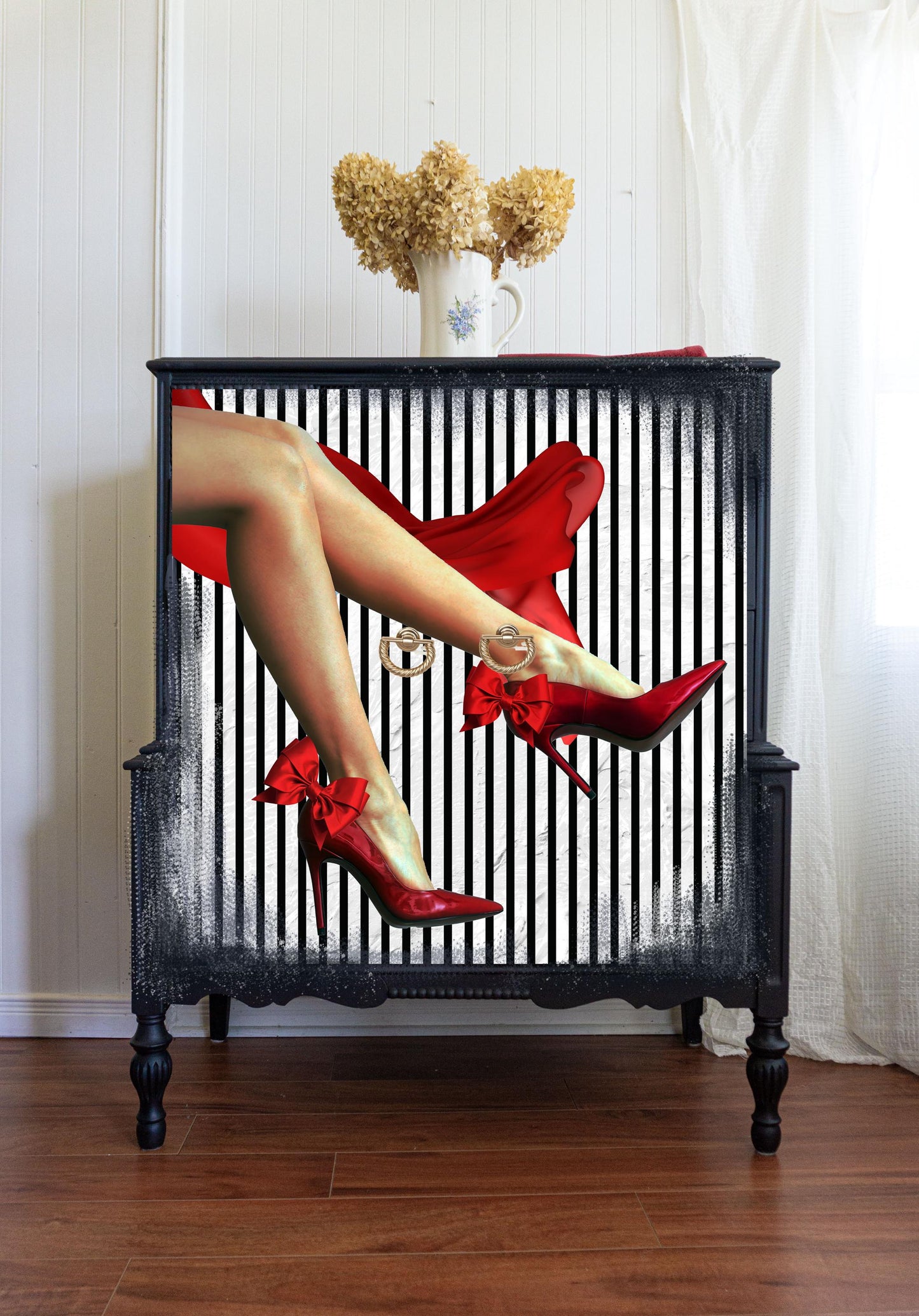 Decoupage Paper for Furniture. Decorative Paper. Tissue Paper.  Furniture DIY. Furniture Upcycling. 
 Decoupage paper for furniture.  Elevate your furniture and craft projects with our stunning decoupage paper. This eye-catching paper combines modern style with whimsical charm, showcasing a stylish silhouette of a woman&#39;s legs adorned in striking red high heels against a chic black and white striped background. Perfect for adding a touch of flair to any DIY project. Tissue Paper. Rice Paper