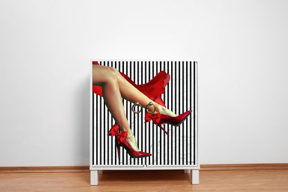 Decoupage Paper for Furniture. Decorative Paper. Tissue Paper.  Furniture DIY. Furniture Upcycling. 
 Decoupage paper for furniture.  Elevate your furniture and craft projects with our stunning decoupage paper. This eye-catching paper combines modern style with whimsical charm, showcasing a stylish silhouette of a woman&#39;s legs adorned in striking red high heels against a chic black and white striped background. Perfect for adding a touch of flair to any DIY project. Tissue Paper. Rice Paper