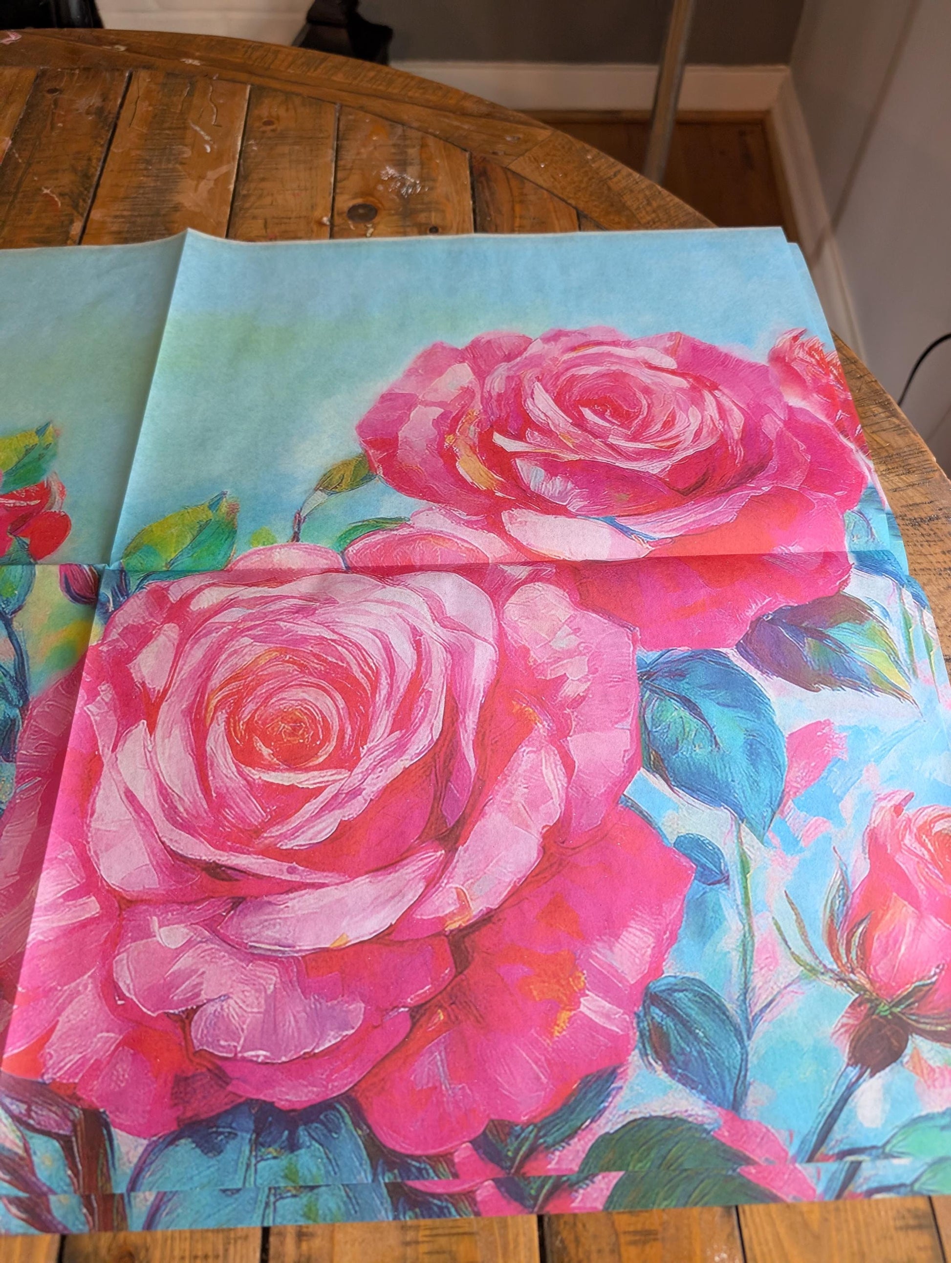 Decoupage Paper for Furniture I Decorative Paper I Tissue Paper I Furniture DIY I Furniture Upcycling I DIY Decor I Furniture Art I Upcycle!  Decoupage paper for furniture.  Elevate your furniture and craft projects with our stunning decoupage paper, featuring the unique &quot;Pink Roses Garden&quot; design. This eye-catching paper combines beautiful watercolor pink roses . Perfect for adding a touch of flair to any DIY project. Pastel color decoupage paper. Pink decoupage paper. Roses decoupage paper