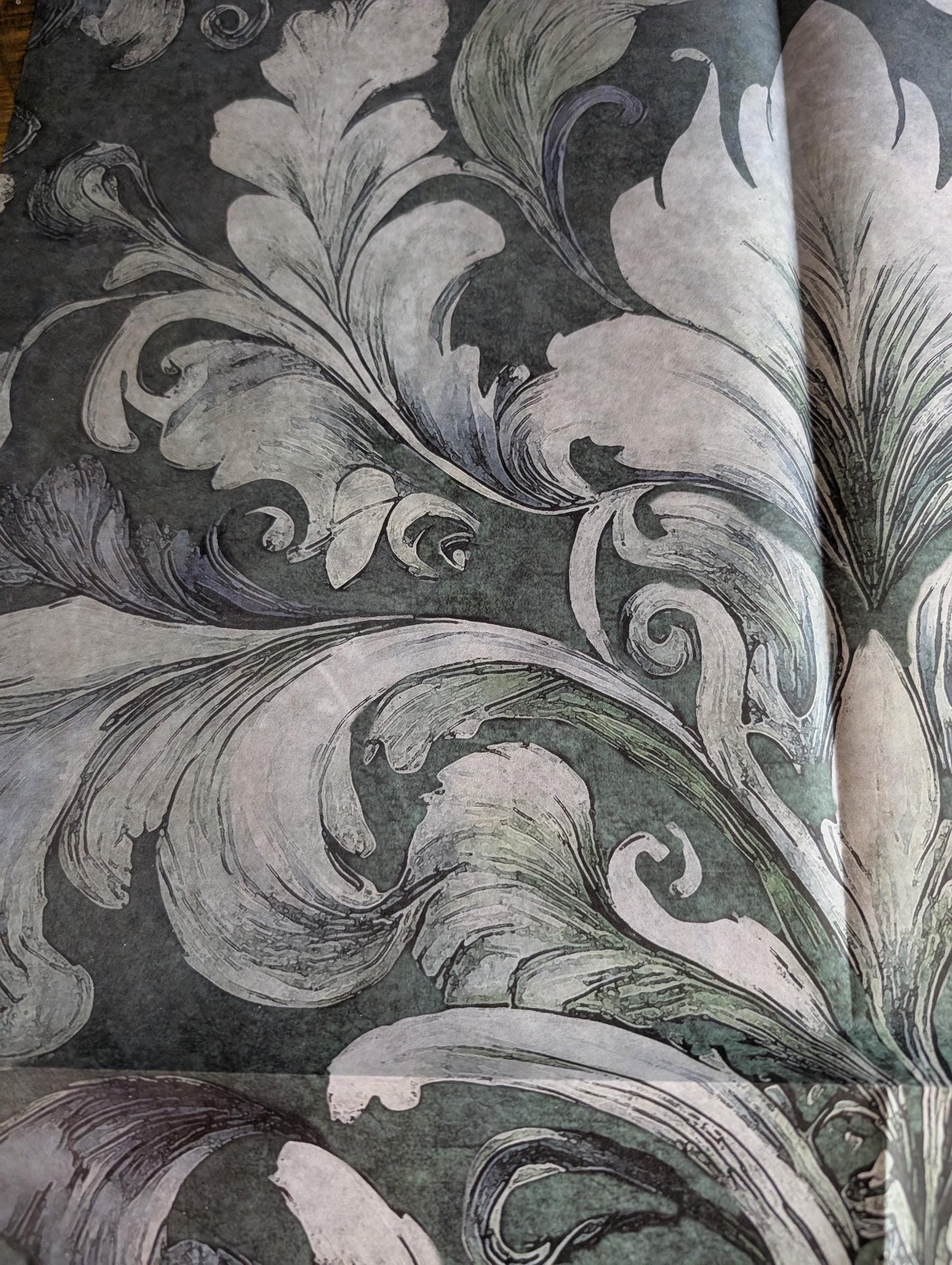 Damask Green Decoupage Paper for Furniture I Decorative Paper I Tissue Paper I Furniture DIY I Furniture Upcycling I DIY Decor I Furniture Art I Upcycle. Decoupage paper for furniture.  Elevate your furniture and craft projects with our stunning decoupage paper, featuring the unique &quot;Damask Green Pattern&quot; design.  Perfect for adding a touch of flair to any DIY project.  Use it for various art projects, scrapbooking, card making, or any creative endeavor that requires a pop of personality.