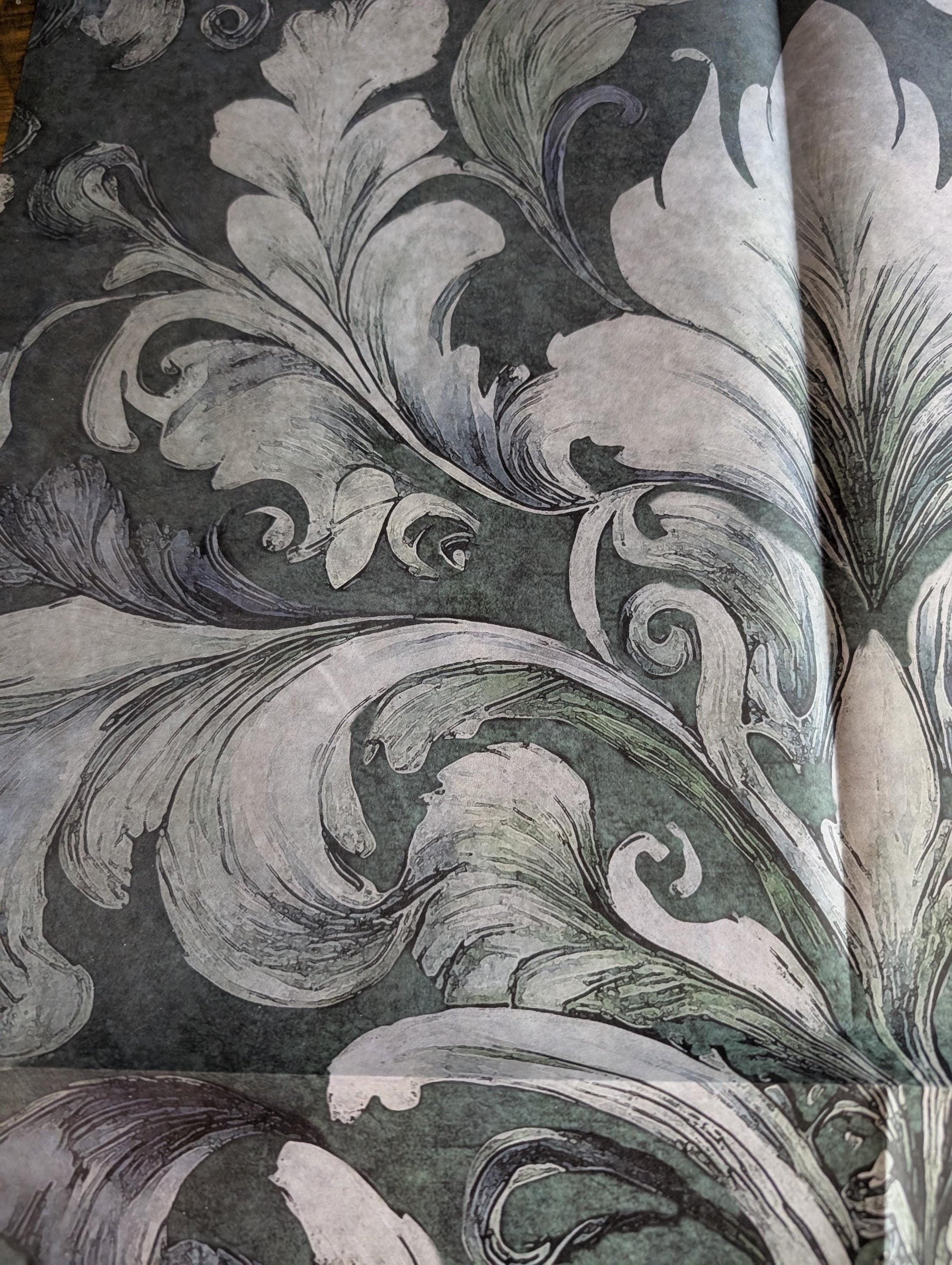 Damask Green Decoupage Paper for Furniture I Decorative Paper I Tissue Paper I Furniture DIY I Furniture Upcycling I DIY Decor I Furniture Art I Upcycle. Decoupage paper for furniture.  Elevate your furniture and craft projects with our stunning decoupage paper, featuring the unique &quot;Damask Green Pattern&quot; design.  Perfect for adding a touch of flair to any DIY project.  Use it for various art projects, scrapbooking, card making, or any creative endeavor that requires a pop of personality.