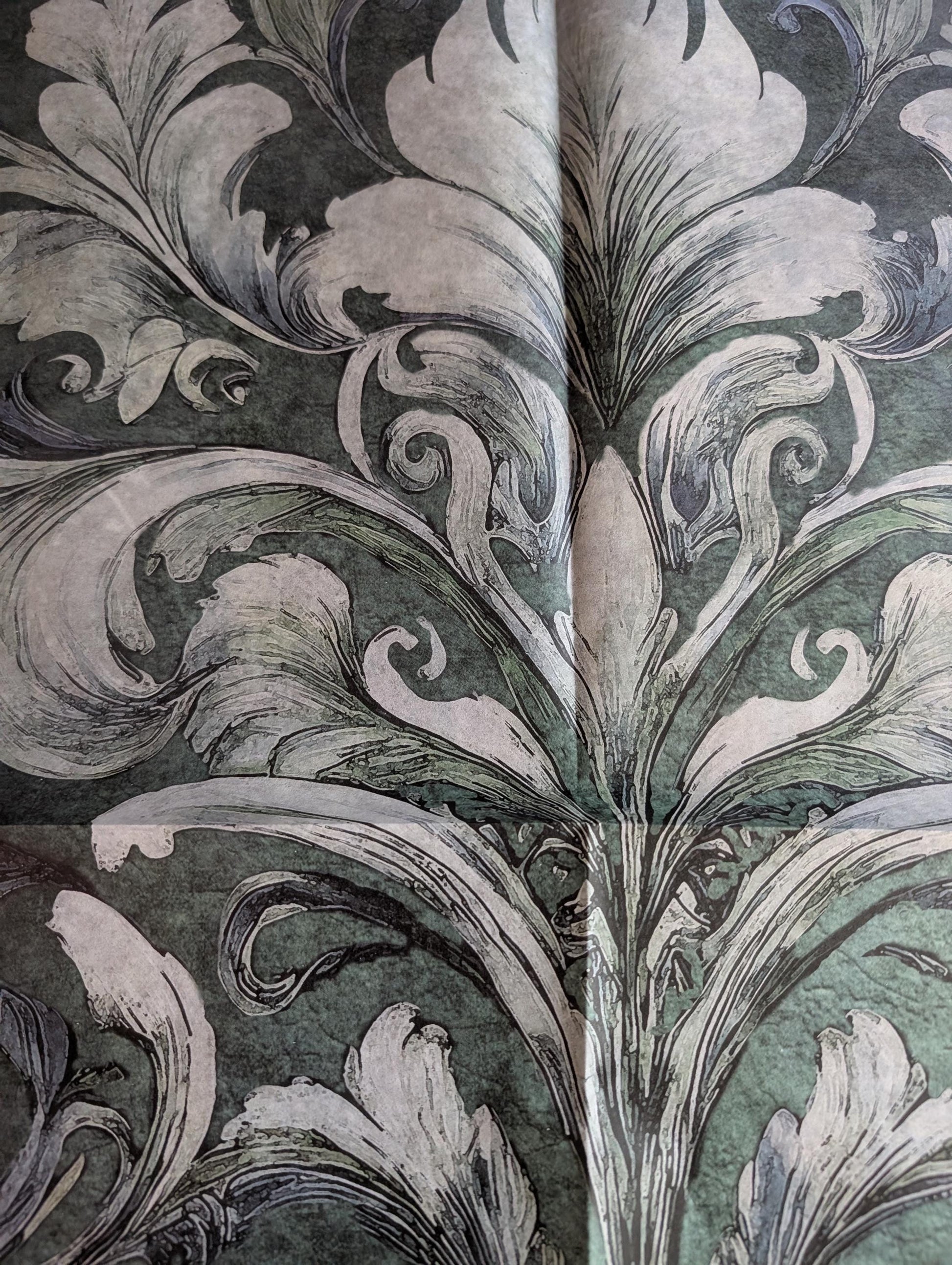 Damask Green Decoupage Paper for Furniture I Decorative Paper I Tissue Paper I Furniture DIY I Furniture Upcycling I DIY Decor I Furniture Art I Upcycle. Decoupage paper for furniture.  Elevate your furniture and craft projects with our stunning decoupage paper, featuring the unique &quot;Damask Green Pattern&quot; design.  Perfect for adding a touch of flair to any DIY project.  Use it for various art projects, scrapbooking, card making, or any creative endeavor that requires a pop of personality.