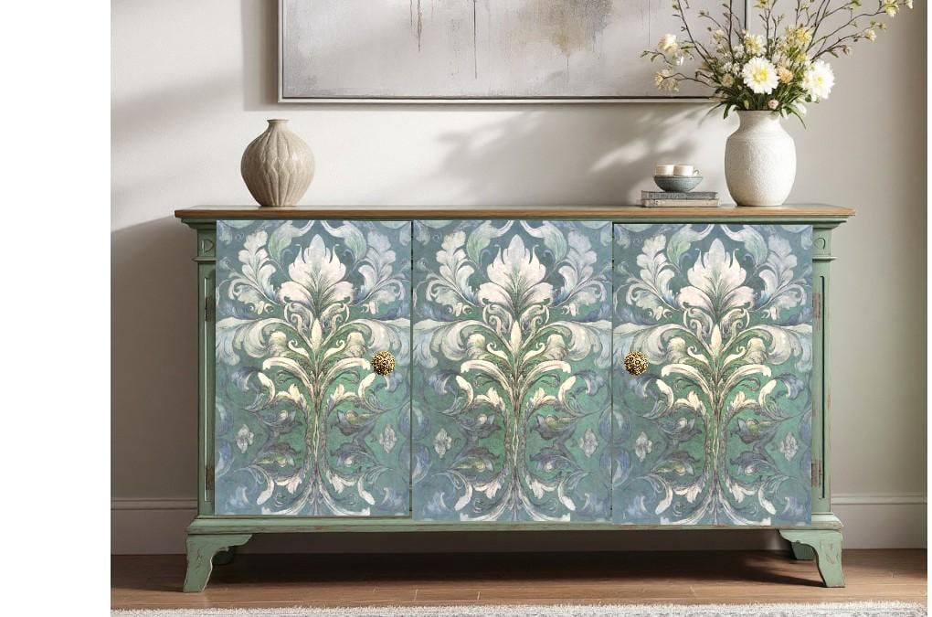 Damask Green Decoupage Paper for Furniture I Decorative Paper I Tissue Paper I Furniture DIY I Furniture Upcycling I DIY Decor I Furniture Art I Upcycle. Decoupage paper for furniture.  Elevate your furniture and craft projects with our stunning decoupage paper, featuring the unique &quot;Damask Green Pattern&quot; design.  Perfect for adding a touch of flair to any DIY project.  Use it for various art projects, scrapbooking, card making, or any creative endeavor that requires a pop of personality.
