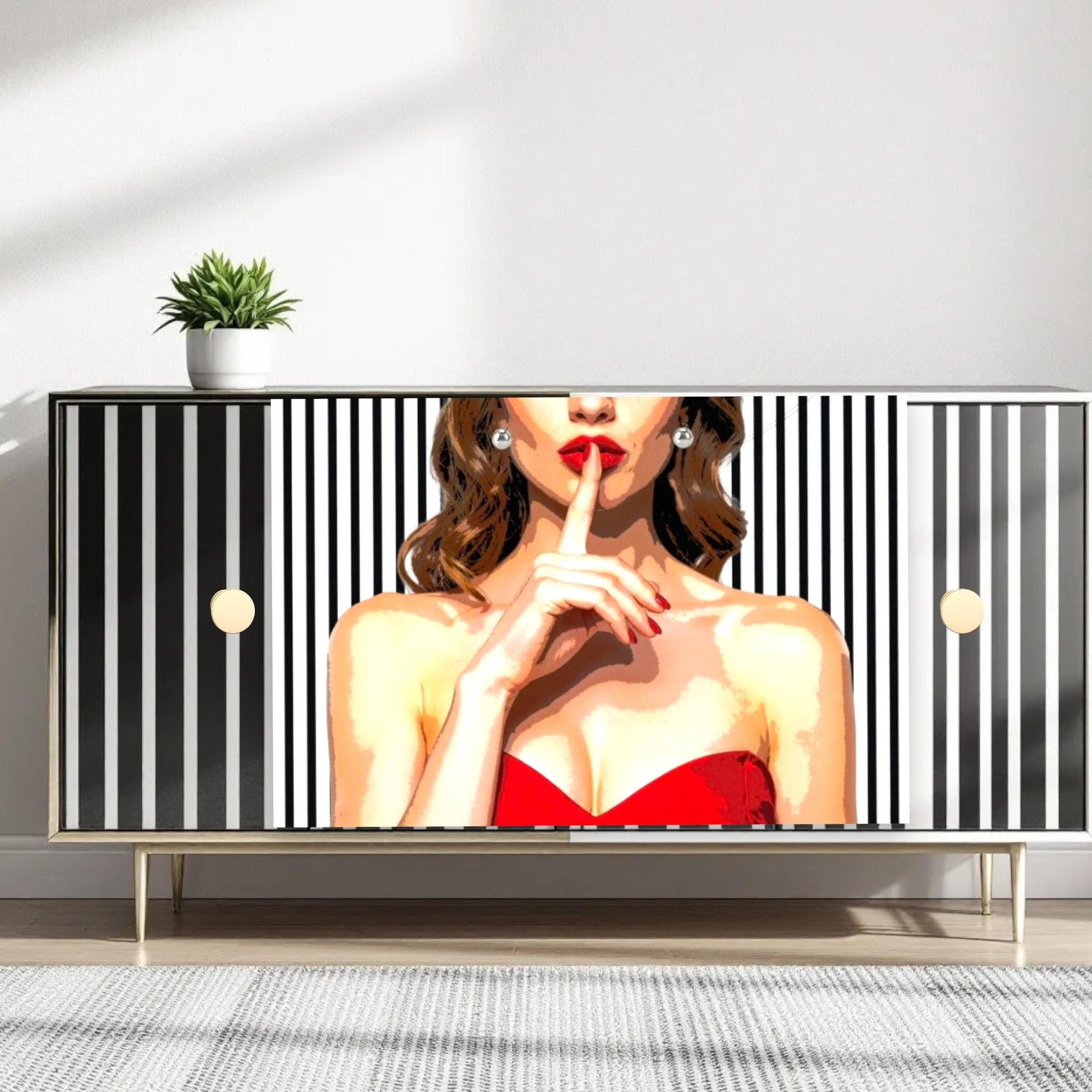 Decoupage paper for furniture.  Elevate your furniture and craft projects with our stunning decoupage paper, featuring the unique &quot;Woman in Red Dress&quot; design. This eye-catching paper combines modern style with whimsical charm, showcasing a stylish woman&#39;s  in striking red dress queuing silence with her finger on her mouth. A powerful blend f a strong beautiful woman against a chic black and white striped background. Perfect for adding a touch of flair to any DIY project!