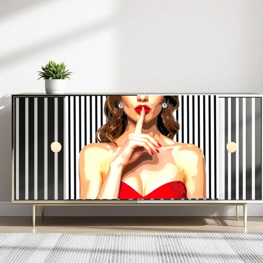 Decoupage paper for furniture.  Elevate your furniture and craft projects with our stunning decoupage paper, featuring the unique &quot;Woman in Red Dress&quot; design. This eye-catching paper combines modern style with whimsical charm, showcasing a stylish woman&#39;s  in striking red dress queuing silence with her finger on her mouth. A powerful blend f a strong beautiful woman against a chic black and white striped background. Perfect for adding a touch of flair to any DIY project!