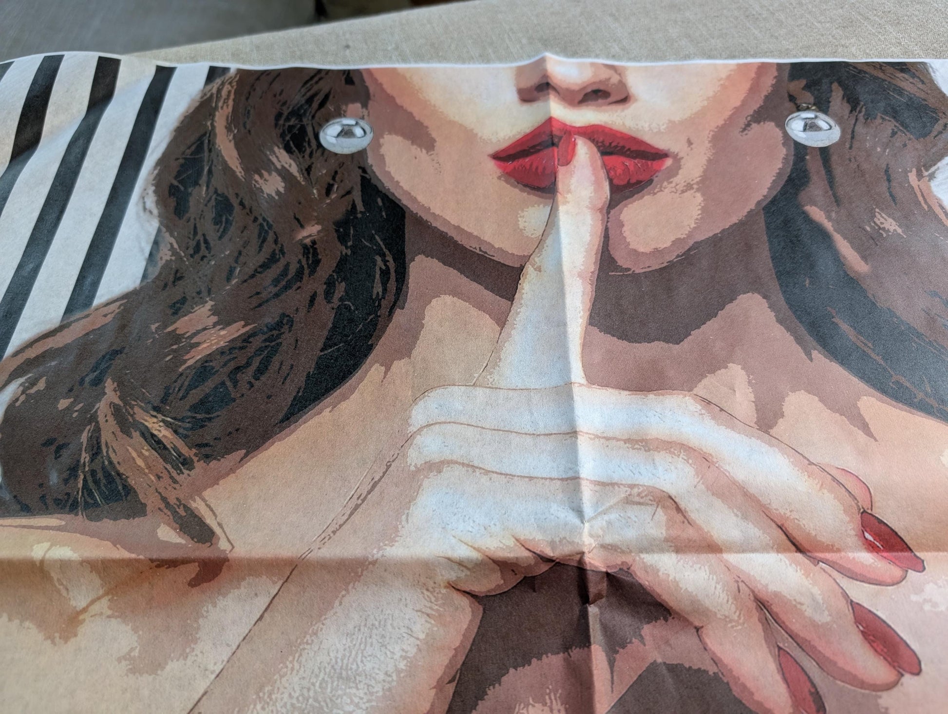 Decoupage paper for furniture.  Elevate your furniture and craft projects with our stunning decoupage paper, featuring the unique &quot;Woman in Red Dress&quot; design. This eye-catching paper combines modern style with whimsical charm, showcasing a stylish woman&#39;s  in striking red dress queuing silence with her finger on her mouth. A powerful blend f a strong beautiful woman against a chic black and white striped background. Perfect for adding a touch of flair to any DIY project!