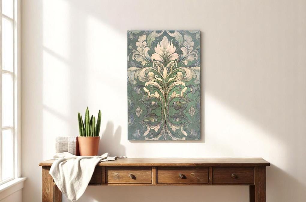 Damask Green Decoupage Paper for Furniture I Decorative Paper I Tissue Paper I Furniture DIY I Furniture Upcycling I DIY Decor I Furniture Art I Upcycle. Decoupage paper for furniture.  Elevate your furniture and craft projects with our stunning decoupage paper, featuring the unique &quot;Damask Green Pattern&quot; design.  Perfect for adding a touch of flair to any DIY project.  Use it for various art projects, scrapbooking, card making, or any creative endeavor that requires a pop of personality.