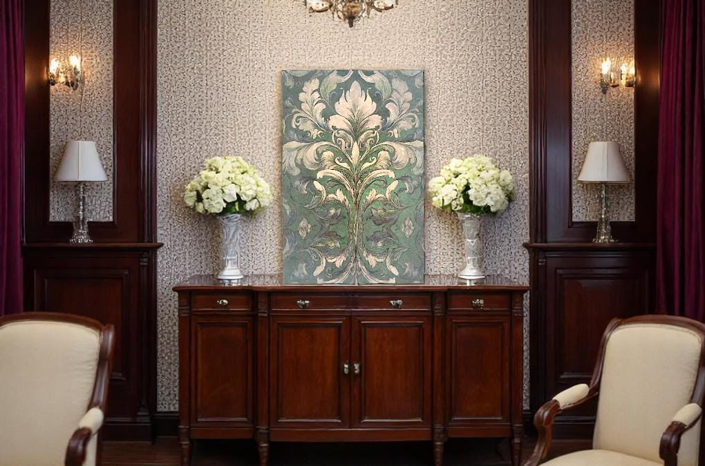 Damask Green Decoupage Paper for Furniture I Decorative Paper I Tissue Paper I Furniture DIY I Furniture Upcycling I DIY Decor I Furniture Art I Upcycle. Decoupage paper for furniture.  Elevate your furniture and craft projects with our stunning decoupage paper, featuring the unique &quot;Damask Green Pattern&quot; design.  Perfect for adding a touch of flair to any DIY project.  Use it for various art projects, scrapbooking, card making, or any creative endeavor that requires a pop of personality.