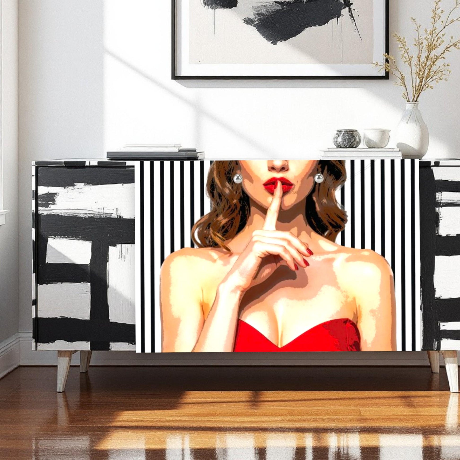 Decoupage paper for furniture.  Elevate your furniture and craft projects with our stunning decoupage paper, featuring the unique &quot;Woman in Red Dress&quot; design. This eye-catching paper combines modern style with whimsical charm, showcasing a stylish woman&#39;s  in striking red dress queuing silence with her finger on her mouth. A powerful blend f a strong beautiful woman against a chic black and white striped background. Perfect for adding a touch of flair to any DIY project!