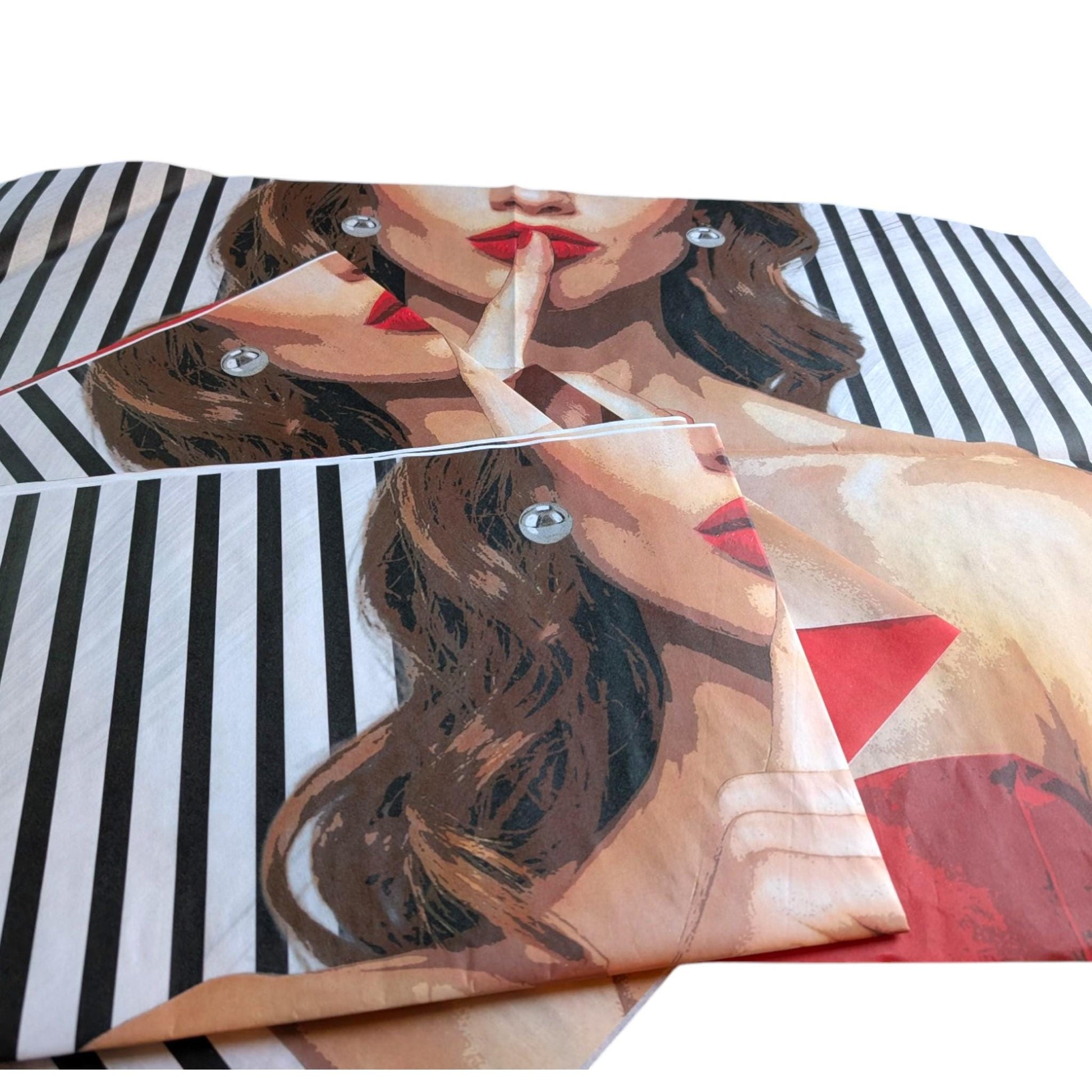Decoupage paper for furniture.  Elevate your furniture and craft projects with our stunning decoupage paper, featuring the unique &quot;Woman in Red Dress&quot; design. This eye-catching paper combines modern style with whimsical charm, showcasing a stylish woman&#39;s  in striking red dress queuing silence with her finger on her mouth. A powerful blend f a strong beautiful woman against a chic black and white striped background. Perfect for adding a touch of flair to any DIY project!