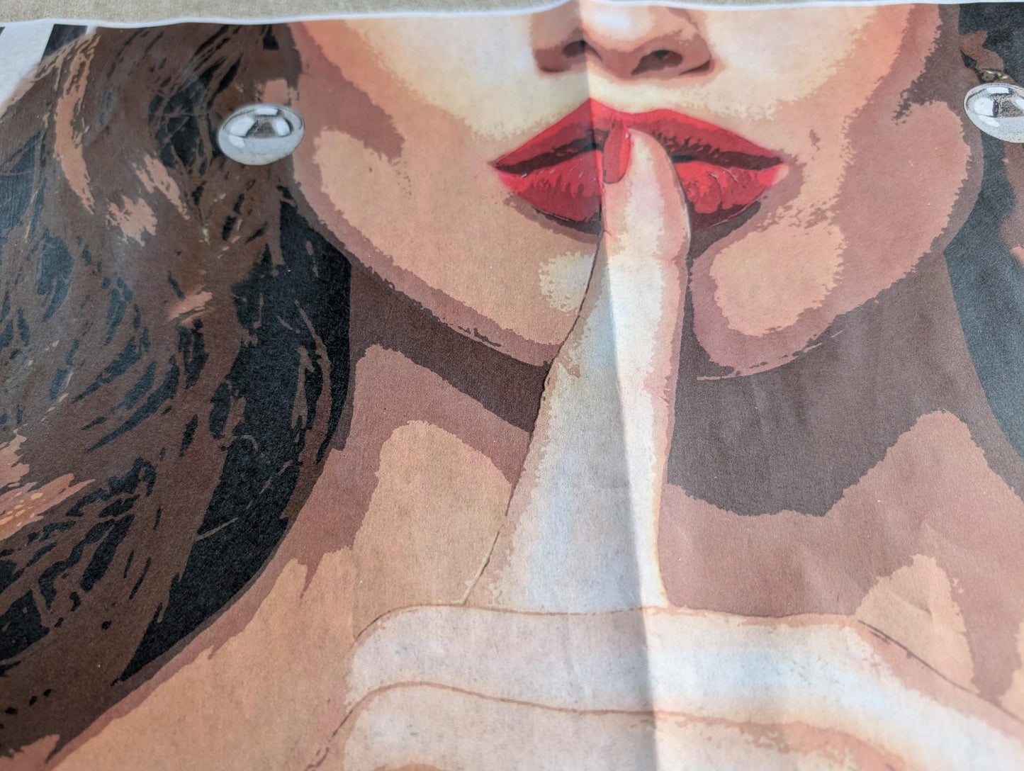 Decoupage paper for furniture.  Elevate your furniture and craft projects with our stunning decoupage paper, featuring the unique &quot;Woman in Red Dress&quot; design. This eye-catching paper combines modern style with whimsical charm, showcasing a stylish woman&#39;s  in striking red dress queuing silence with her finger on her mouth. A powerful blend f a strong beautiful woman against a chic black and white striped background. Perfect for adding a touch of flair to any DIY project!