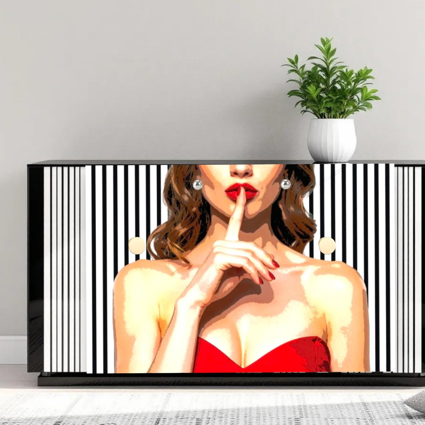 Decoupage paper for furniture.  Elevate your furniture and craft projects with our stunning decoupage paper, featuring the unique &quot;Woman in Red Dress&quot; design. This eye-catching paper combines modern style with whimsical charm, showcasing a stylish woman&#39;s  in striking red dress queuing silence with her finger on her mouth. A powerful blend f a strong beautiful woman against a chic black and white striped background. Perfect for adding a touch of flair to any DIY project!