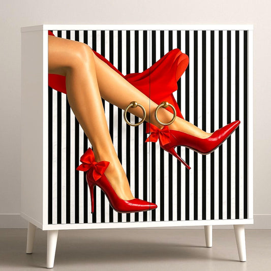 Decoupage Paper for Furniture. Decorative Paper. Tissue Paper.  Furniture DIY. Furniture Upcycling. 
 Decoupage paper for furniture.  Elevate your furniture and craft projects with our stunning decoupage paper. This eye-catching paper combines modern style with whimsical charm, showcasing a stylish silhouette of a woman&#39;s legs adorned in striking red high heels against a chic black and white striped background. Perfect for adding a touch of flair to any DIY project. Tissue Paper. Rice Paper