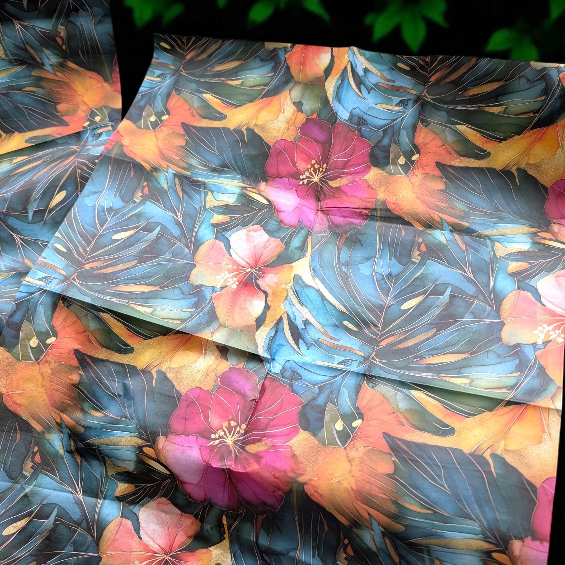 Tropical Floral Decoupage Paper for Furniture DIY Projects. This Tropicsl Floral Tissue Paper is perfect for furniture upcycling projects. This tropical desgin  Decoupage Paper can be used to create your own wall art. This  stunning decoupage paper combines beautiful watercolor styel tropical flowers and leaves design making it perfect for adding a touch of Summer flair to your home decor. This furniture upcycling tissue paper design is printed on high quality tissue paper and vibrant colors.