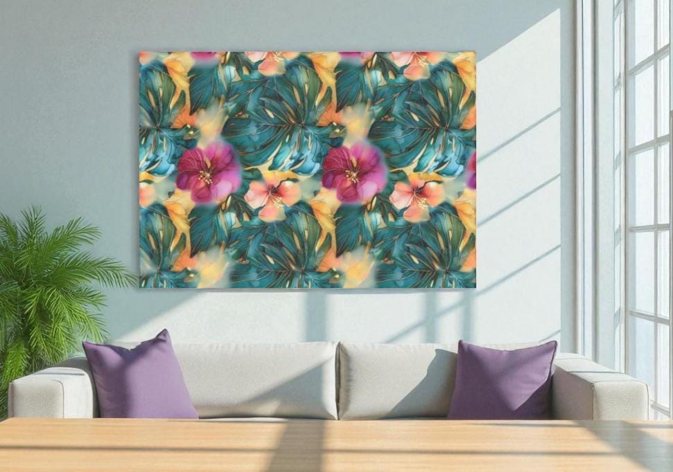 Tropical Floral Decoupage Paper for Furniture DIY Projects. This Tropicsl Floral Tissue Paper is perfect for furniture upcycling projects. This tropical desgin  Decoupage Paper can be used to create your own wall art. This  stunning decoupage paper combines beautiful watercolor styel tropical flowers and leaves design making it perfect for adding a touch of Summer flair to your home decor. This furniture upcycling tissue paper design is printed on high quality tissue paper and vibrant colors.