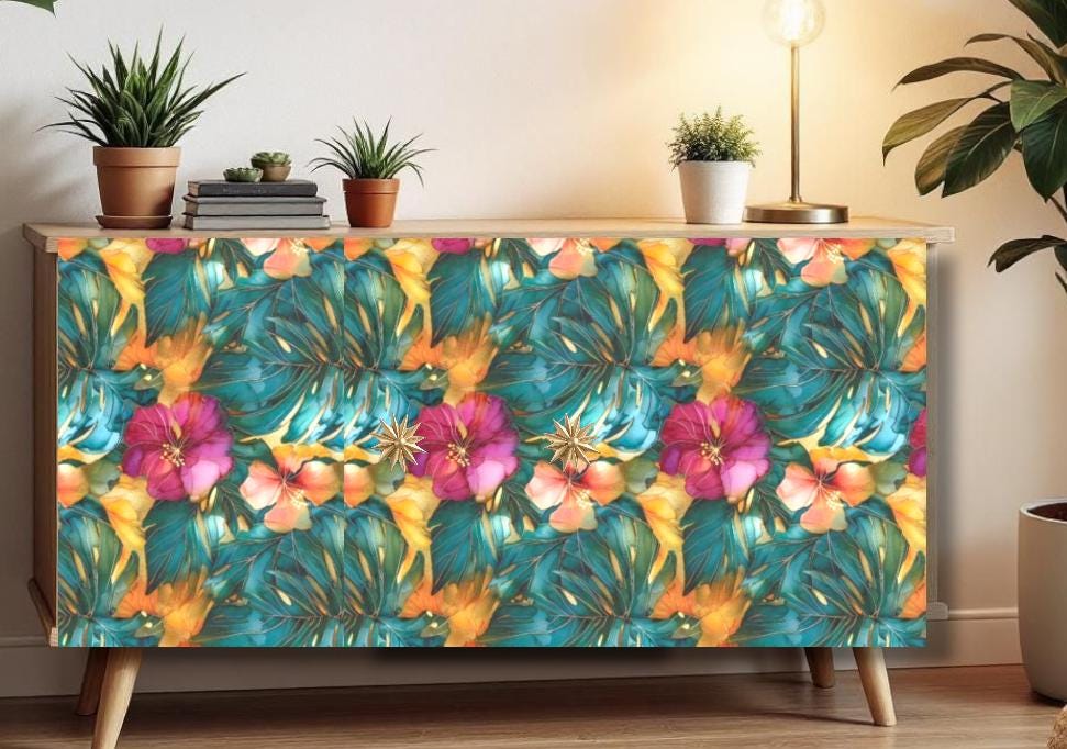 Tropical Floral Decoupage Paper for Furniture DIY Projects. This Tropicsl Floral Tissue Paper is perfect for furniture upcycling projects. This tropical desgin  Decoupage Paper can be used to create your own wall art. This  stunning decoupage paper combines beautiful watercolor styel tropical flowers and leaves design making it perfect for adding a touch of Summer flair to your home decor. This furniture upcycling tissue paper design is printed on high quality tissue paper and vibrant colors.