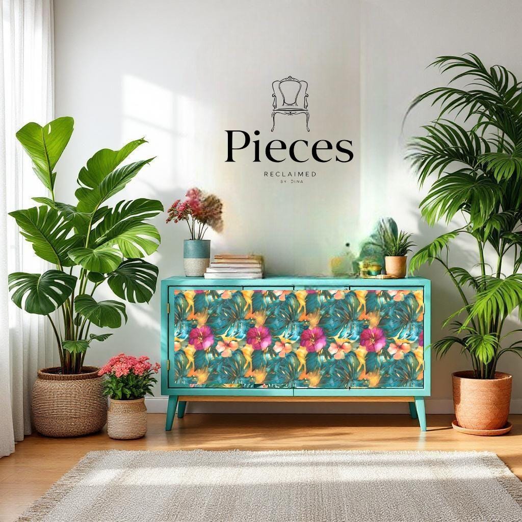 Tropical Floral Decoupage Paper for Furniture DIY Projects. This Tropicsl Floral Tissue Paper is perfect for furniture upcycling projects. This tropical desgin  Decoupage Paper can be used to create your own wall art. This  stunning decoupage paper combines beautiful watercolor styel tropical flowers and leaves design making it perfect for adding a touch of Summer flair to your home decor. This furniture upcycling tissue paper design is printed on high quality tissue paper and vibrant colors.